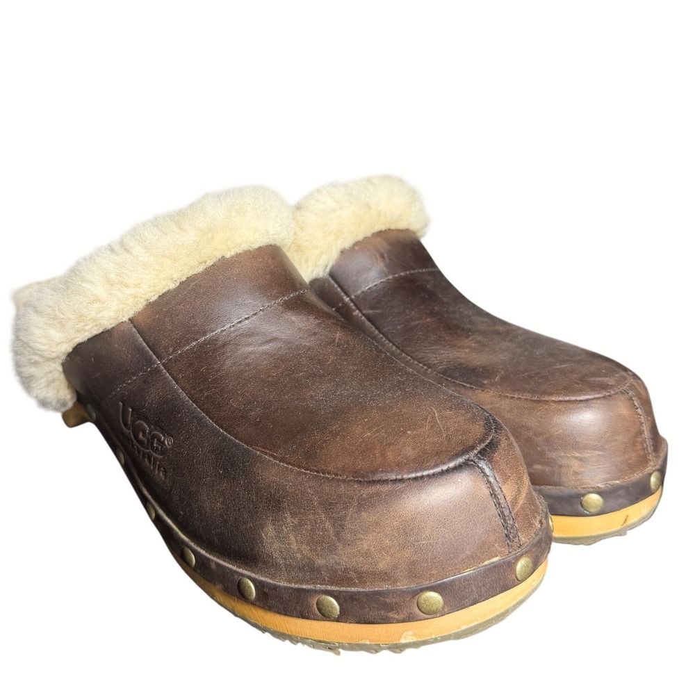 UGG Australia Brown Leather Shearling Lined Wooden Clogs Mules 5425 Womens 9
